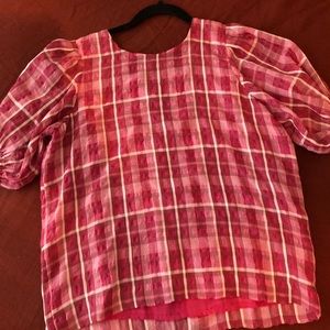 Madewell pink and red plaid top puff sleeve.